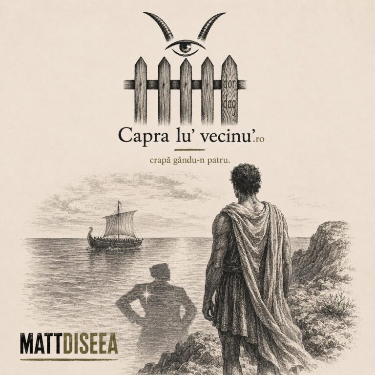 Ilustrație pentru articolul „Mattdiseea”, inspirată de filmul „Odiseea”, cu personaje și elemente grafice în stilul Capra lu’ vecinu’