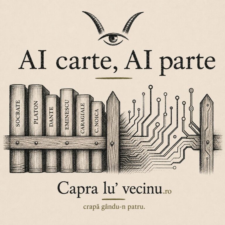 Ilustrație pentru articolul „AI carte, AI parte”, cu cărți și circuite electronice integrate în identitatea vizuală Capra lu’ vecinu’