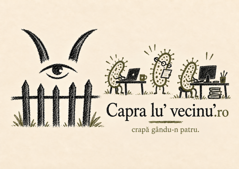 Ilustrație Capra lu’ vecinu’: trei bacterii lucrează la calculatoare, lângă gardul cu ochiul caprei.